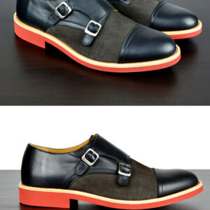 Mens Black & Red Leather Double Monk Strap Dress Shoes