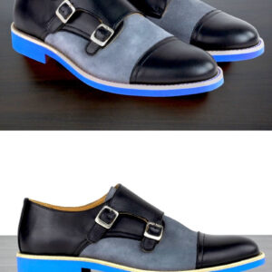 Mens Black & Blue Leather Double Monk Strap Dress Shoes