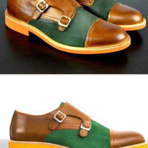 Mens Brown & Green Leather Double Monk Strap Dress Shoes