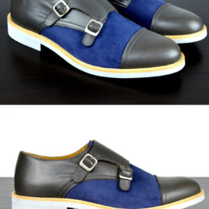 Mens Grey & Blue Leather Double Monk Strap Dress Shoes