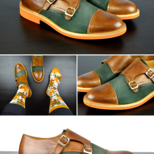 Mens Brown & Green Leather Double Monk Strap Dress Shoes - Size 12