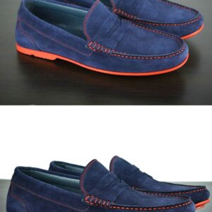 Mens Navy Blue & Red Suede Driving Loafers