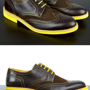 Mens Brown & Yellow Leather Wingtip Dress Shoes